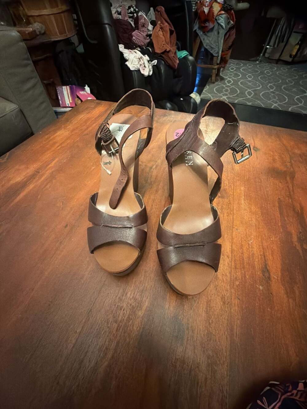 Lauren Ralph Lauren Brown Leather Wedge Sandals Size 8.5B